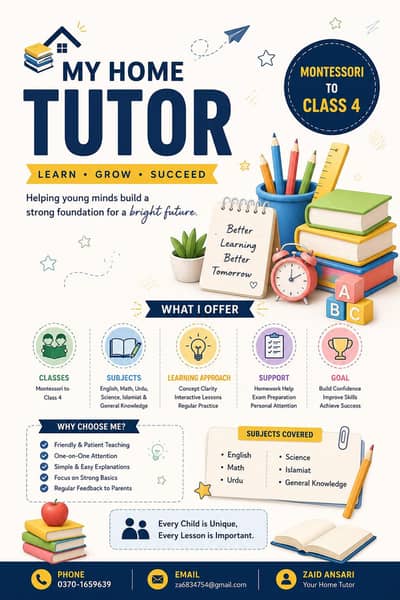 HOME TUTOR AVAILABLE FOR MONTESSORI TO CLASS V