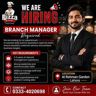 Branch Manager Required || Male Jobs (Restaurant Staff) Manager Jobs