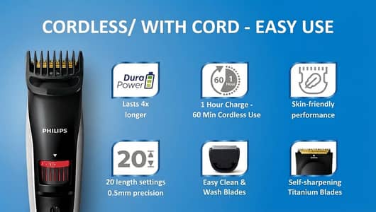 Genuine Philips Trimmer | 1Hr Fast Charge | 2000mAh | Titanium Blades
