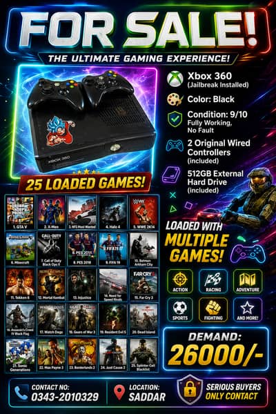 Xbox 360 Jailbreak 512 GB l 2 Controller l 25 Games Pre Installed