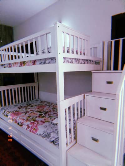 Ash White Wooden Bunk Bed with Storage Staircase | Twin Size