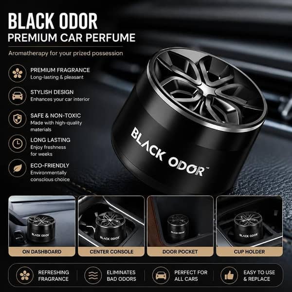 BLACK ODOR Premium Car Perfume Air Freshener – Long Lasting Car Fragrance, Dashboard & Cup Holder Air Freshener for All Cars