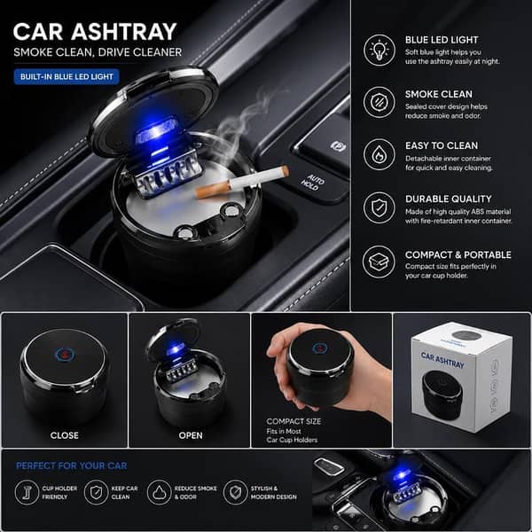 Universal Car Ashtray with Blue LED Light – Smokeless Portable Cup Holder Ash Tray, Detachable & Easy to Clean for All Cars