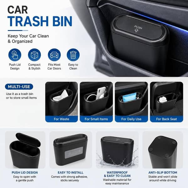 Universal Car Trash Bin  – Leakproof Portable Car Garbage Can, Hanging Dustbin for Car, SUV & Truck Interior