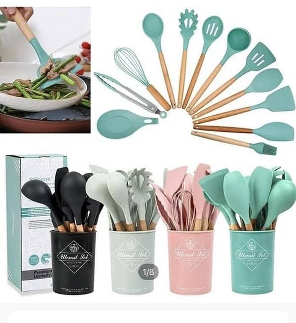 12 Pcs Silicone Cooking Utensils Kitchen Utensil Set - Heat Resistant Non-Toxic BPA Free Spatula Set with Turner Tongs,Spoon,Brush,Whisk-Wooden Handles Kitchen Gadgets Tools Set for Nonstick Cookware