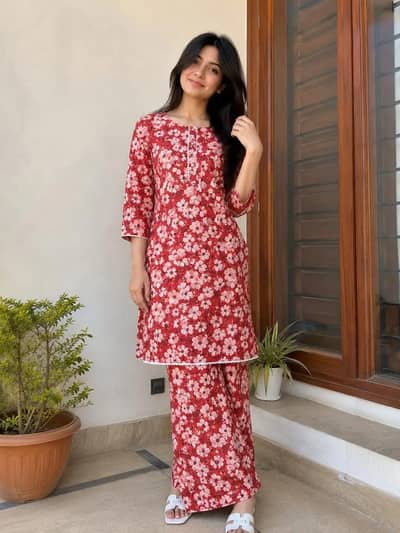 2Pcs Women's Stitched Cotton Printed Shirt And Trouser