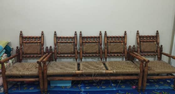 5 seater Sindhi style traditional sofa set with glass top table