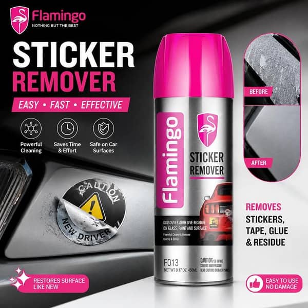 Flamingo Sticker Remover Spray 450ml – Removes Stickers, Glue, Adhesive Residue, Tar & Labels from Car, Glass, Metal & Plastic