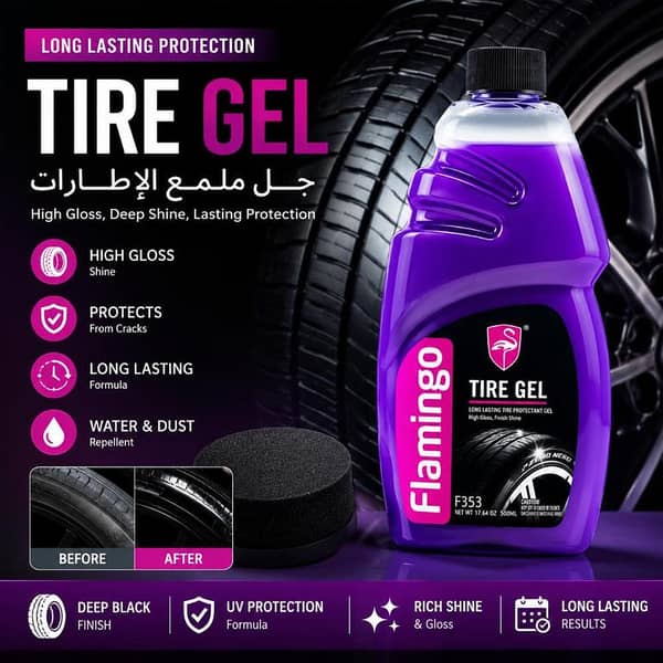 Flamingo Tire Gel 500ml – High Gloss Tire Shine & Protectant, Long Lasting Wet Look for Car & Motorcycle Tires