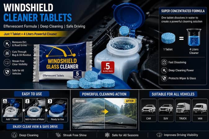Windshield Washer Tablets – Concentrated Car Windshield Cleaning Tablets, Glass Cleaner for Wiper Water Tank (Pack of 5)