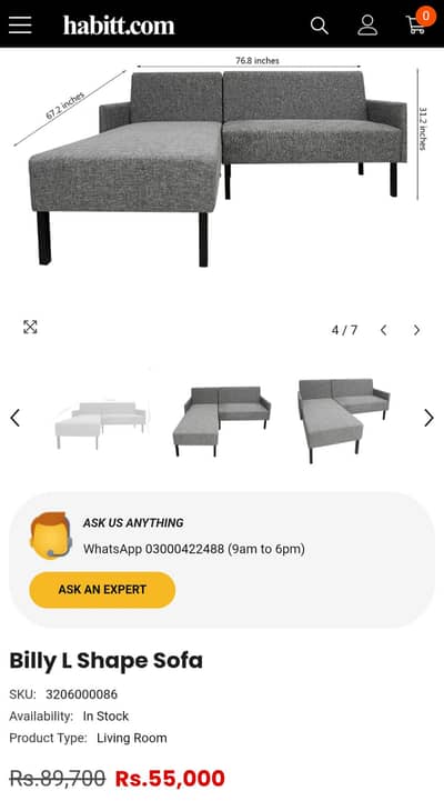 Habitt Billy L shaped sofa 2 years used