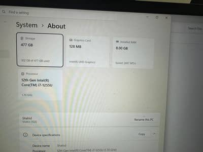 Dell Core I7 Gen 12 Ram 8 256 NVMe SSD 128MB graphic card