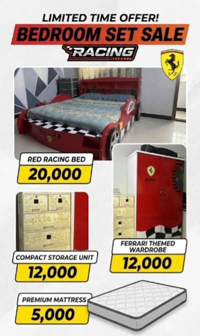Kids car bed wardrobe and chester box for sale