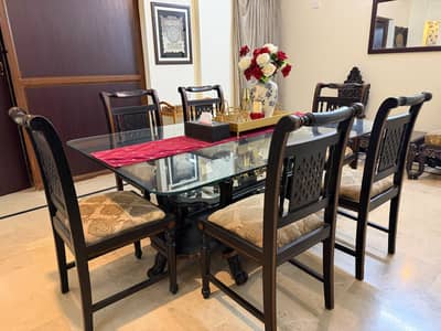 Solid Wooden 6-Seater Dining Table Set with Glass Top | Excellent Cond