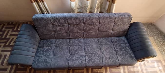 3 Seater Sofa Cum Single Bed - Velvet Daybed - Wooden Arms