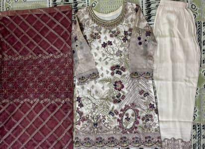 Pink Embroidered Suit with organza duppata for sale
