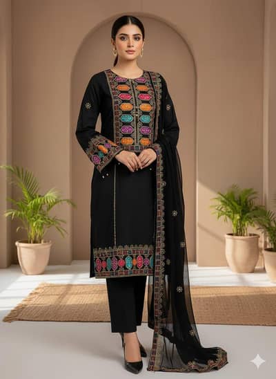  Black Embroidered 3 Piece Suit with Chiffon Dupatta – New