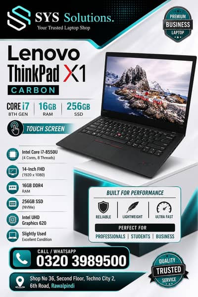 Lenovo ThinkPad X1 Carbon| Core i7-8550U|16GB RAM|256GB SSD | Laptop