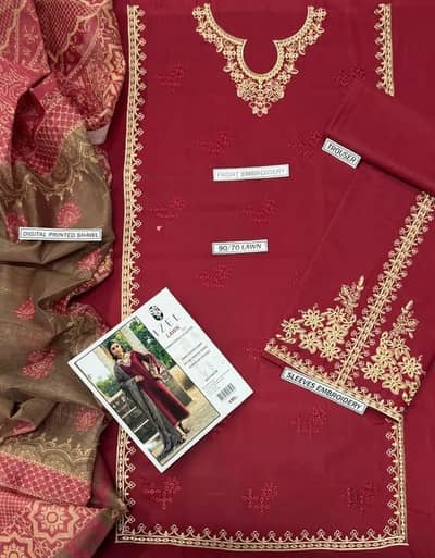*Product Name*: 3 Piece Embroidered Dhanak Suit Mustard Maroon