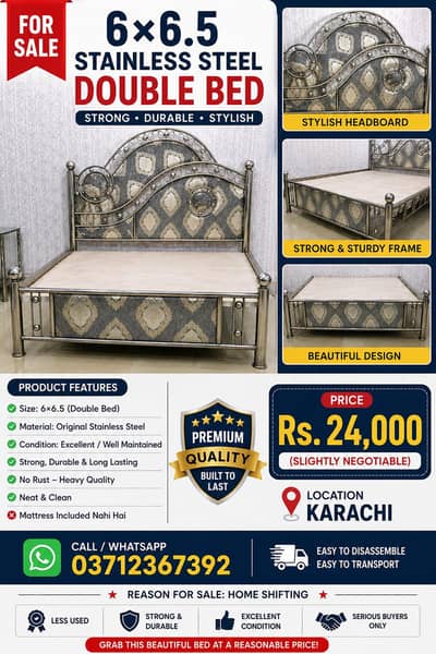 Stylish Metal Double Bed for Sale (Without Mattress) urgent sale