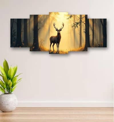5-Panel Golden Antler Stag Wall Decor for Living Room