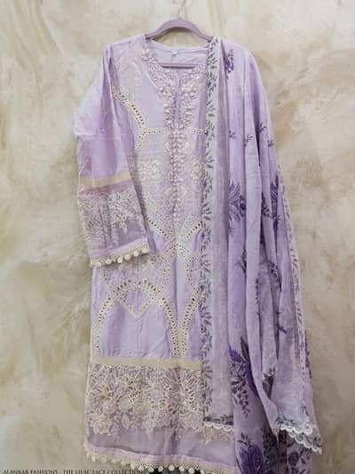 embroided lilac colored chicken kari 3pc dress