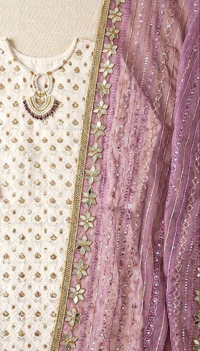 Luxury White Kurta with Heavy Purple Mirror Dupatta