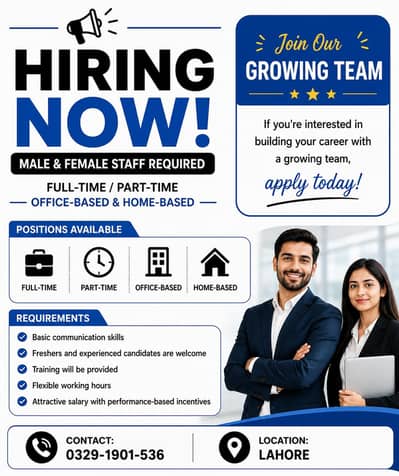 Hiring staff male, female for office base,home base