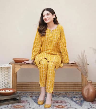 2 pcs women stitched linen block printed shirt and trouser