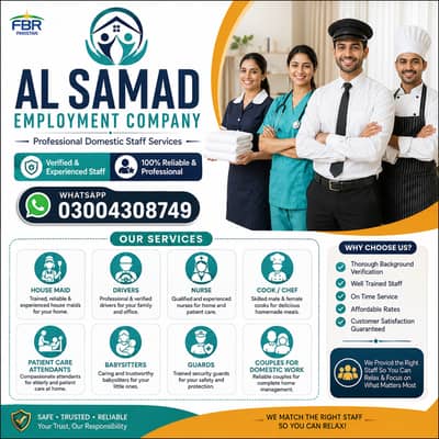 House Maid Nurse driver Nanny Pakistani Cook Couple Chef Domestic Staf