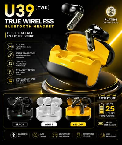 U39 wireless Earbuds 25 Hours Battery - Gaming + deep bass
