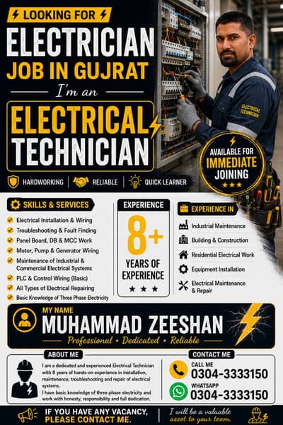 Looking for an electrical technician job near gujrat city