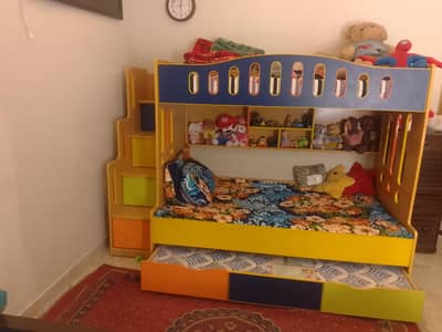 kids bed and study table bookshelf