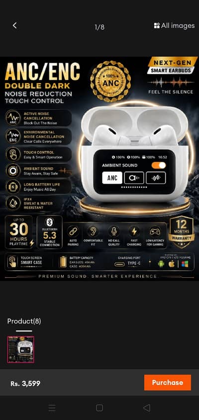 Touch Screen LED Earbuds 36H Battery ANC ENC Gaming TWS White