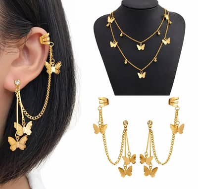 Gold Butterfly Chain Ear Cuff & Drop Earrings Set