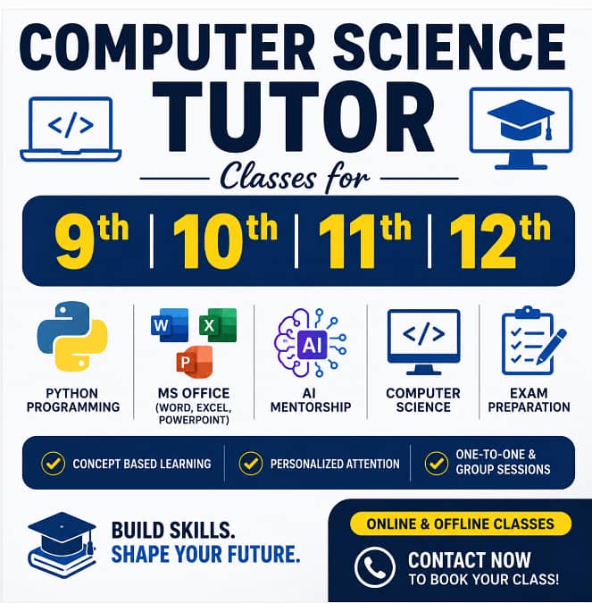 Computer Science Tutor (9th–12th) | Python Programming | MS Office |AI 4