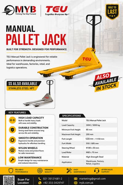 TEU Manual Pallet Jack 3 Ton & 5 Ton | Hand Pallet Truck Pakistan