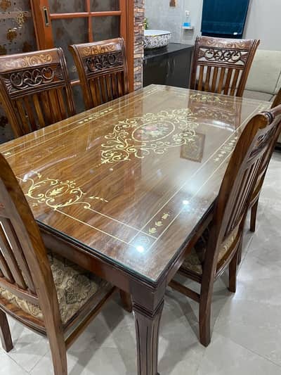 6 Seater Solid Chinioti Wood Dining Table set with Glass Top