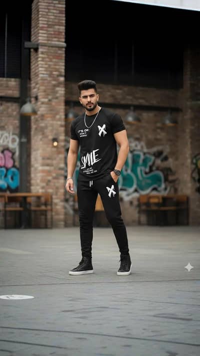  Men Printed Logo Track Suit – Black  Summer Sale