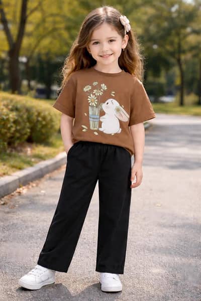 girl brown printed cotton t shirt and trouser set 1-10 year