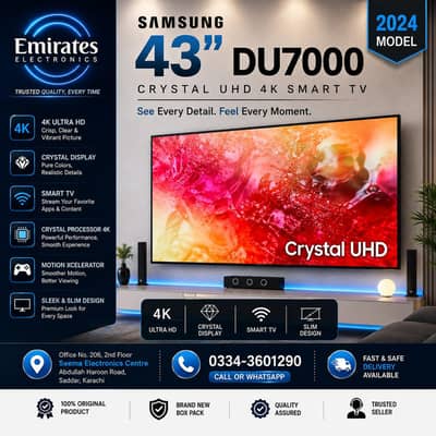 Samsung 43 Inch DU7000 Crystal UHD 4K Smart TV | Brand New