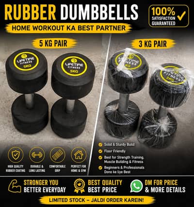 Lifetime Fitness Rubber Dumbbells – 3KG & 5KG Pair Available