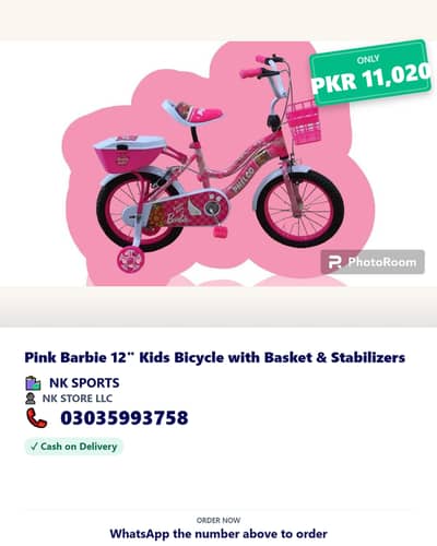 Pink Barbie 12" Kids Bicycle with Basket & Stabilizers