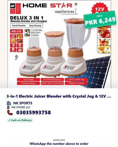 3-in-1 Electric Juicer Blender with Crystal Jug & 12V Power
