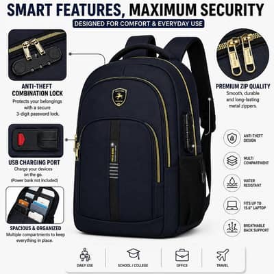 Anti-Theft Laptop Backpack USB Charging Port Combination Lock bag