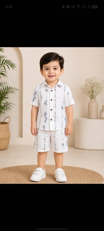2 Pcs Boy's Cotton Lawn Printed Shirt And Shorts Set