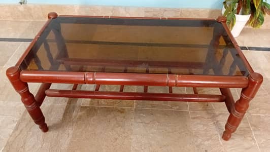 Solid Wooden Center Table with Glass Top – Good Condition