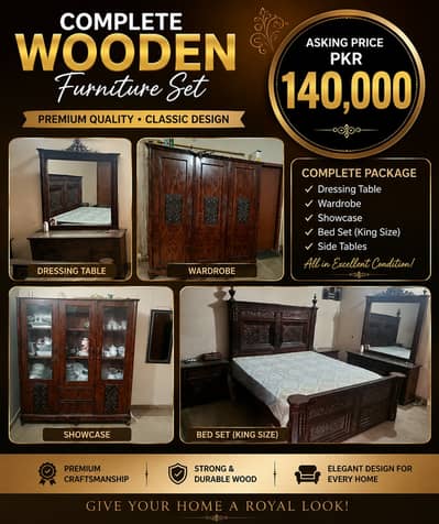 Complete Wooden Bedroom Furniture Set – Bed, Wardrobe, Dressing