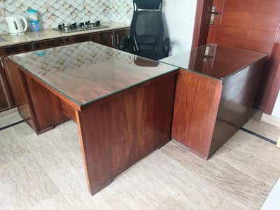 Office Table Set | Heavy Wood with Glass Top | L Shape Table