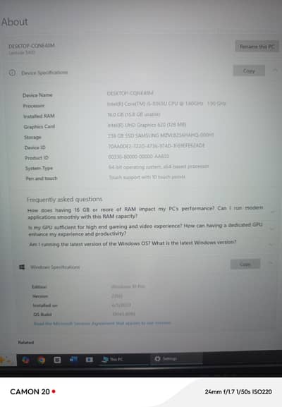 Device Name  DESKTOP-CONE4SM  Processor  Intel(R) Core(TM) i5-8365U C